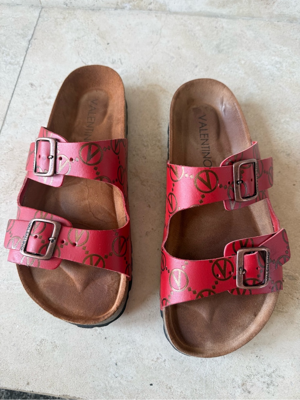 Valentino women Red Logo Double-Buckle Slide Sandals